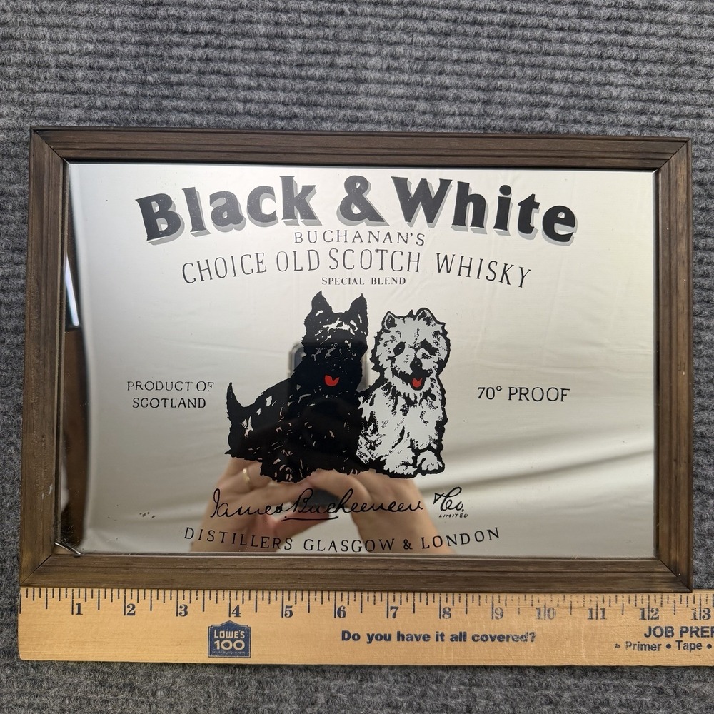 Vintage Black & White Scotch Whisky Advertising Sign Mirror Framed Distillery